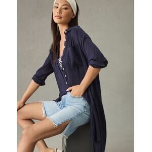 Anthropologie Long Navy Button Down Gauze Tunic/Shirt